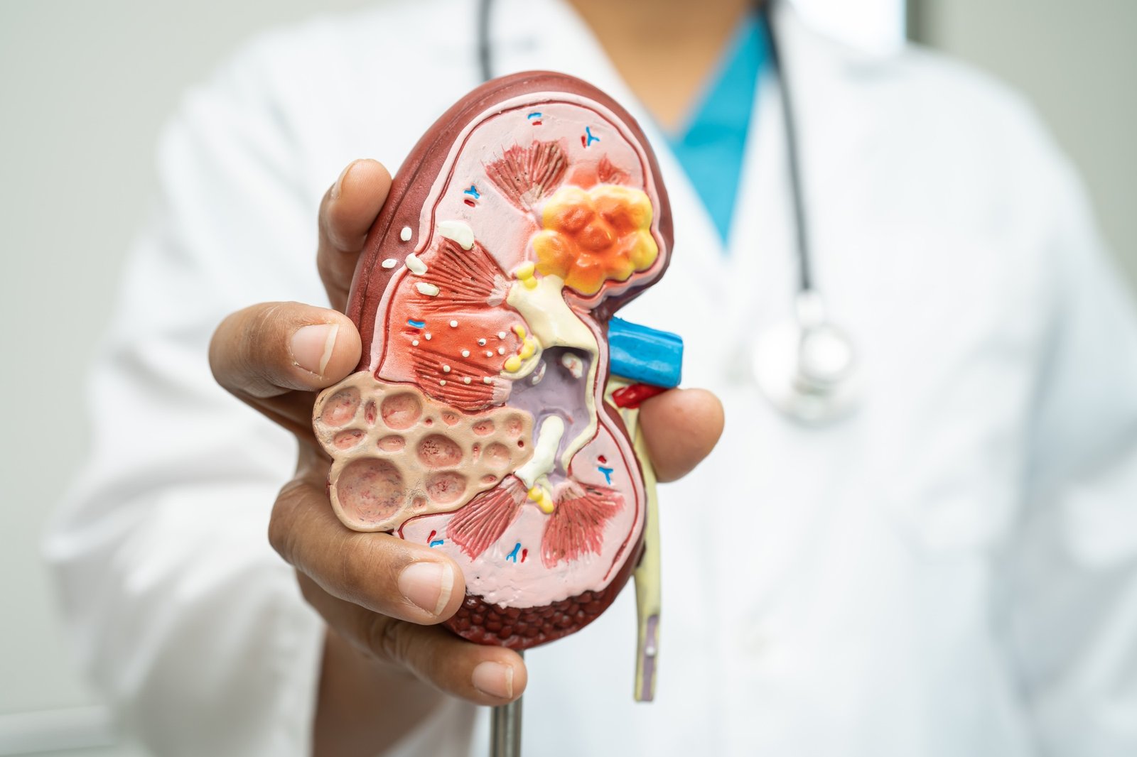 Kidney disease, Chronic kidney disease ckd, Doctor with human model to study and treat in hospital.